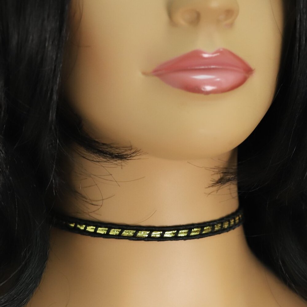 Gold Black Lace Gothic Choker Adjustable Length Fancy Trim chokers (#76)